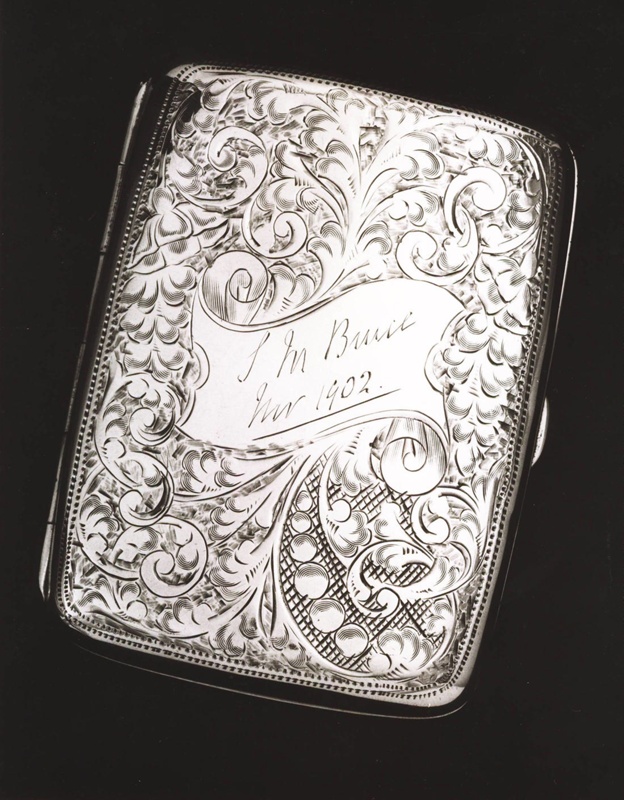 silver engraved cigarette case Cigarette case, silver, Engraved 'SM Bruce / Mr 1902'; 1898; 1981.15