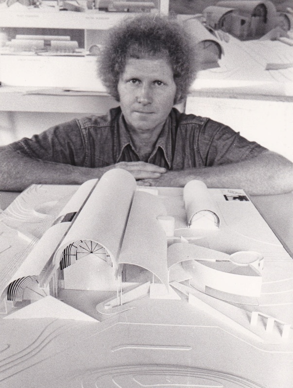B&W photograph of Architect Mr Feiko Bouman with HOF concept model.; c