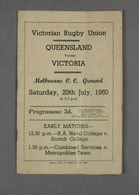 Rugby union match program, Victoria v Queensland, 1950; Chandler Press; 1950; M2962