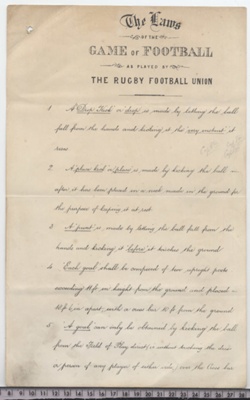 "Proposed Laws of the Game" Rugby Football Union, 1871; Rugby Football Union, Edward Carleton Holmes, Algernon Rutter, Lenonard Maton; 1871; 2004/139