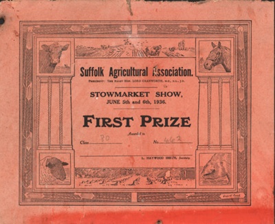 Certificate; Suffolk Agricultural Association; 1936; STMEA:1991-9-18