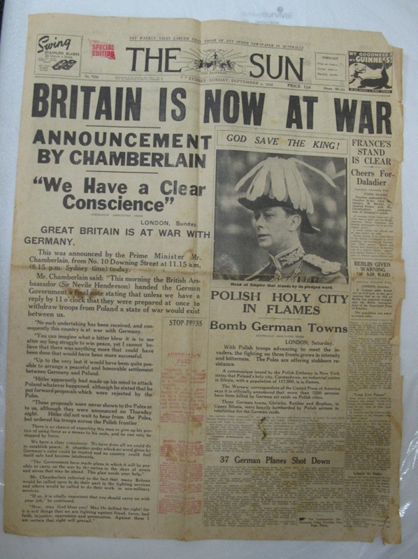 Newspaper- The Sun, Sydney Sunday September 3, 1939. No. 9256.; The Sun ...