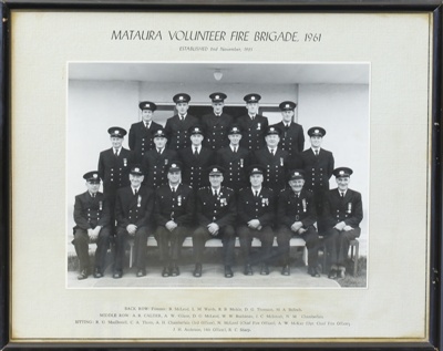 Photograph, framed [Mataura Volunteer Fire Brigade, 1961]; unknown photographer; 1961; MT2011.185.472