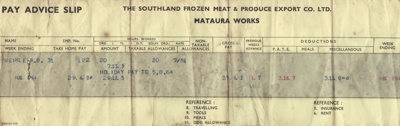 Pay Slip, Bert Meikle, Mataura Freezing Works, 1964 ; Southland Frozen Meat & Produce Export Company Limited; 05.08.1964; MT2013.9.2