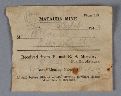 Invoice; E. & E.S. Moseby, Mataura Mine; unknown maker; 1949; MT2019.3