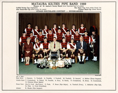 Photograph [Mataura Kilties Pipe Band]; unknown photographer; 1989; MT2014.36.25 