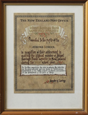 Certificate [Mataura School, Post Office Savings Bank Award, 1969]; unknown maker; 1969; MT2011.185.445.1