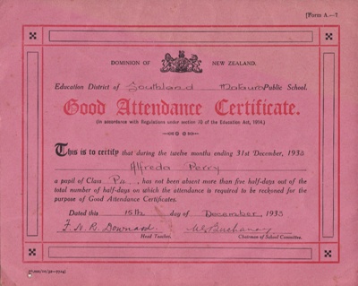 Certificate, Attendance at Mataura School; Government Printer; 1933; MT2012.146
