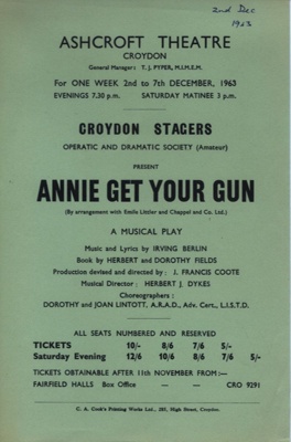 FLYER CROYDON STAGERS ANNIE GET YOUR GUN; DEC 1963; 196312BE