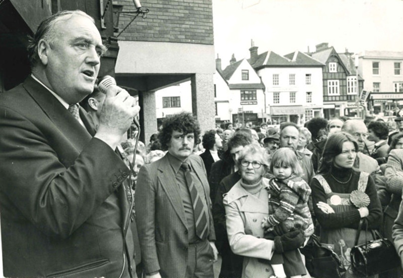 Photo of Willie Whitelaw on campaign in Hitchin's Market Place; Tony