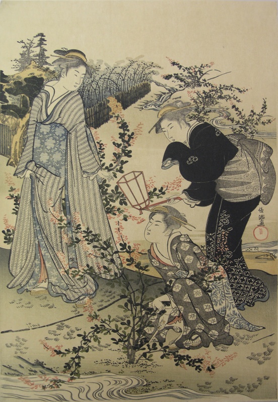 Japanese print of three women gardening; Kubo Shunman (Japanese