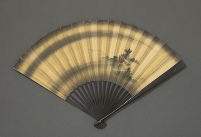 Black lacquer folding fan with painted leaf decorated with a cottage in a landscape.; 20th century; LDFAN2021.9