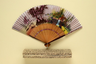 Folding Fan & Box; c. 1960; LDFAN2008.20.A & LDFAN2008.20.B