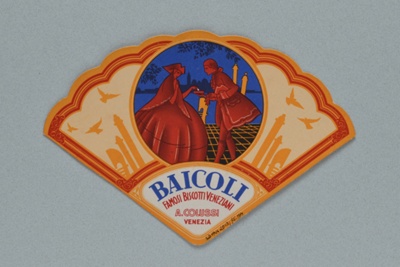 Fan shape advertising Bacioli Italy, c. 1990; LDFAN2013.75.HA