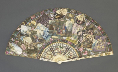 Folding fan, the leaf painted on one side with medley of prints, mounted on ivory sticks and guards.  Reverse painted with chinoiserie landscape; c. 1790; LDFAN2019.16