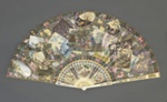 Folding fan, the leaf painted on one side with medley of prints, mounted on ivory sticks and guards.  Reverse painted with chinoiserie landscape; c. 1790; LDFAN2019.16
