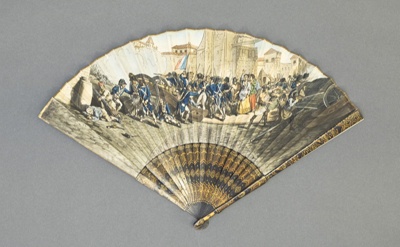 Folding fan with printed and hand coloured paper leaf depicting 'Dos de Mayo'; c. 1813; LDFAN2019.14