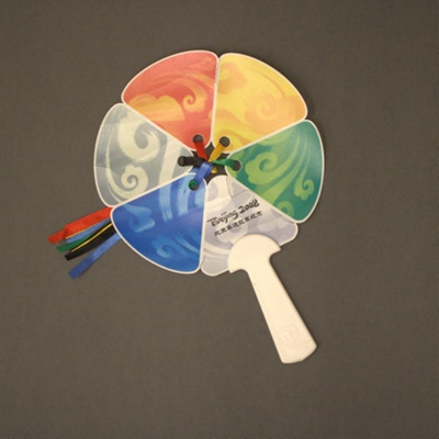 Two plastic fixed fans with ribbons advertising the Beijing Olympics China, 2008; LDFAN2013.78.A & LDFAN2013.78.B