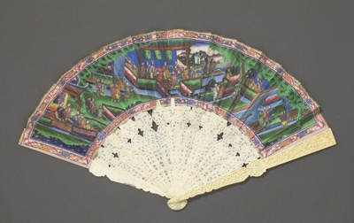 Folding ivory fan with double leaf painted with 'Applied Faces' With fitted box; c. 1870; LDFAN2021.3 A & B