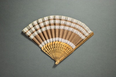 Wooden  folding fan with fabric leaf; c. 1960; LDFAN2023.37