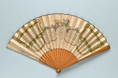 Wooden folding fan with printed and hand-coloured leaf - The Oracle English, c. 1790; LDFAN2014.186