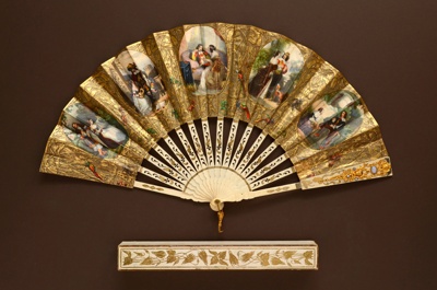 Folding Fan & Box; c. 1845; LDFAN2003.3A.Y & LDFAN2003.3B.Y