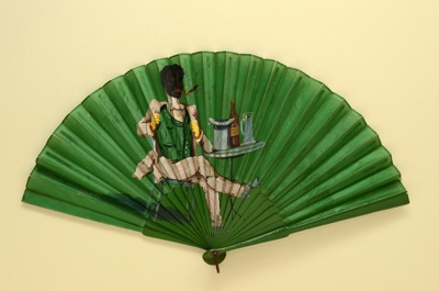 Wooden folding fan with green cloth; c.1920s; LDFAN2003.363.Y