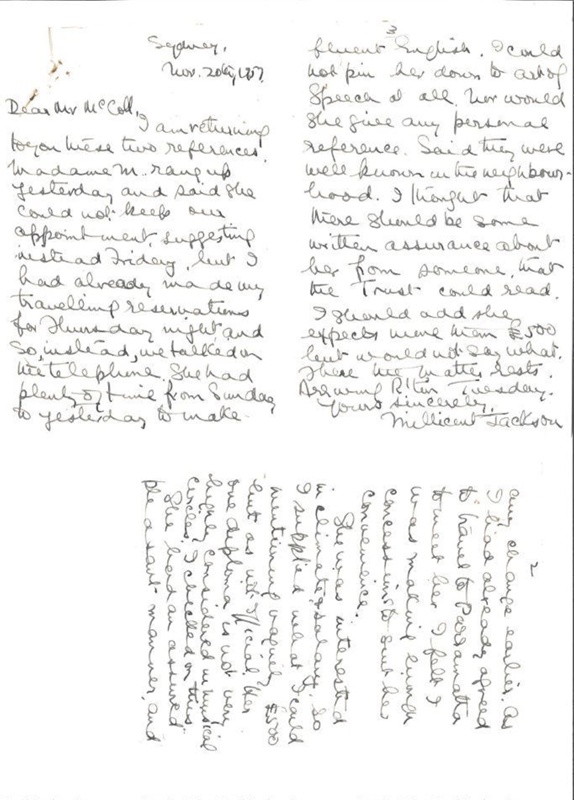 Letter from Millicent Jackson to Mr Duncan McColl with attached