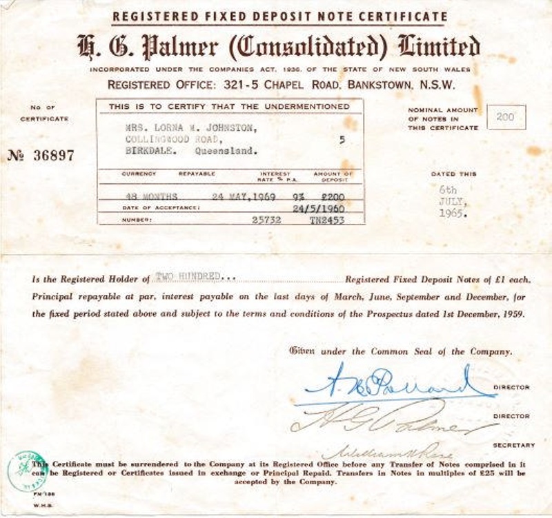 Registered fixed deposit note certificate; H.G. Palmer (Consolidated ...