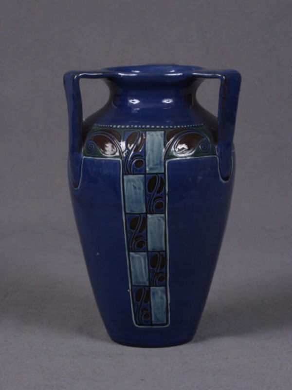 Urnshaped vase with 3 angular handles; C H Brannam Ltd; 1992 eHive