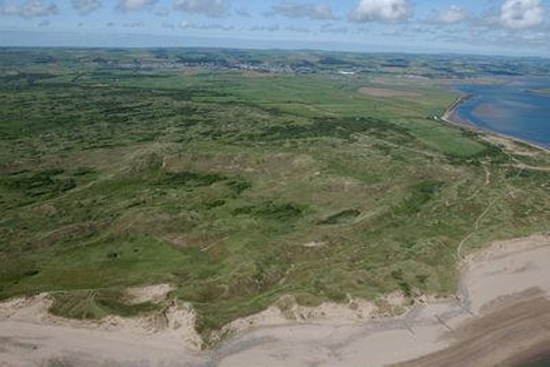 Aerial view of southern dunes with Braunton Marshes and Horsey Island ...