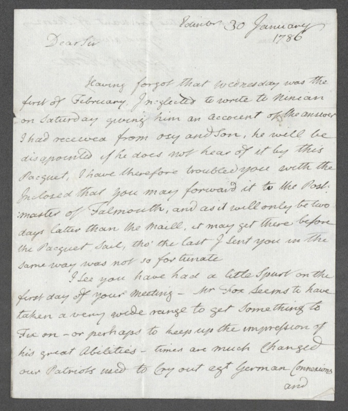 Letter Home to Patrick Home 30 January 1786 Sends letter to be