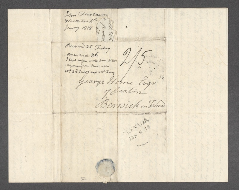 Letter John Fairbairn (Waltham) to George Home 04 January 1818 The rain ...