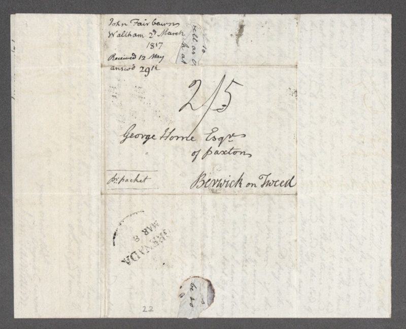 Letter John Fairbairn (Waltham) to George Home 2 March 1817 The canes ...