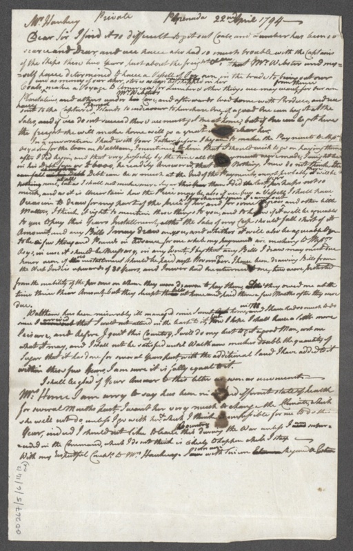 Ninian Home to John Hankey 22 April 1794 NH and B ster wish to buy a