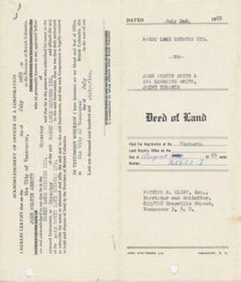 Object Deed Deed of Land to J.A. Smith; Magic Lake Estates Ltd; July 2nd, 1965; 023 ...