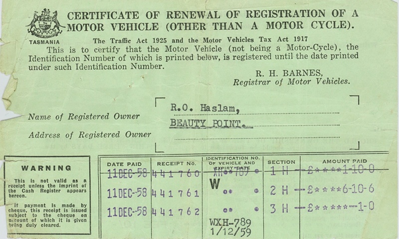 Certificate of renewal of registration of a motor vehicle; Tasmanian ...