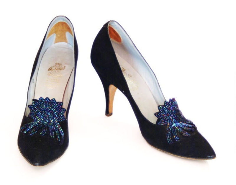 Shoes, ladies fashion, black suede/beads; Farmer's; [1950-1960]; 97.77. ...