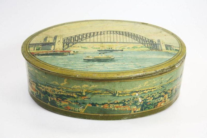 Biscuit tin, Sydney Harbour Bridge souvenir; R. Hughes Ltd; c. 1932