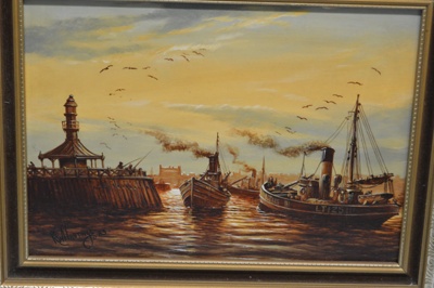 painted representation of steam trawlers in the entrance to Lowestoft Harbour; K.W. Hastings; 1983; LOWMS:2023.157