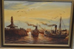 painted representation of steam trawlers in the entrance to Lowestoft Harbour; K.W. Hastings; 1983; LOWMS:2023.157