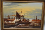 painting of steam drifter leaving Lowestoft Harbour; K.W. Hastings; 1983; LOWMS:2023.158