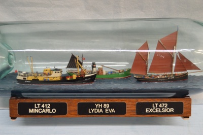 ship in bottle - 3 fishing vessels:  Lydia Eva YH 89; Min Carlo LT 412; Excelsior LT 472; 2013; LOWMS:2023.187