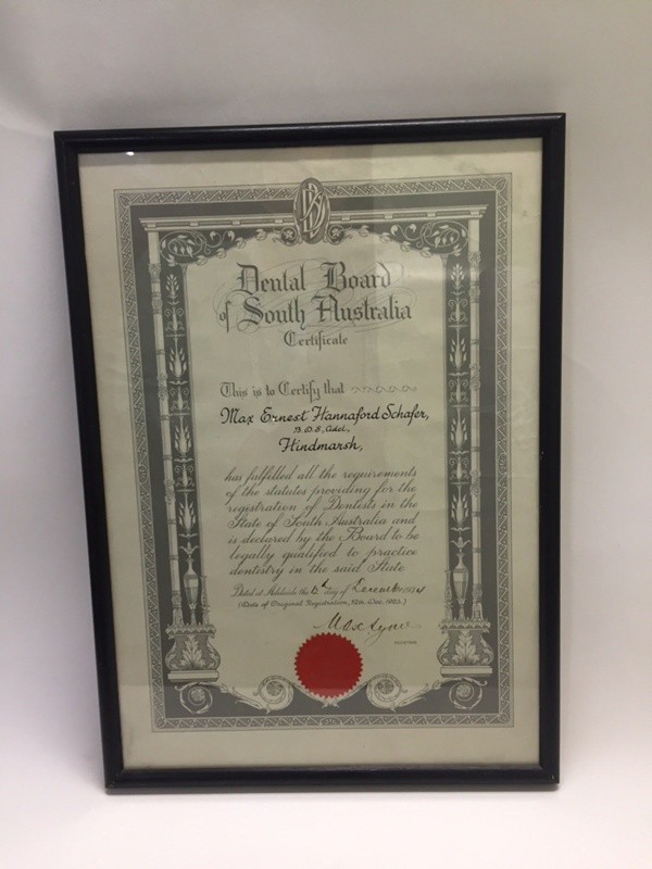 Document Framed Dental Board of South Australia Certificate; 1934; AR