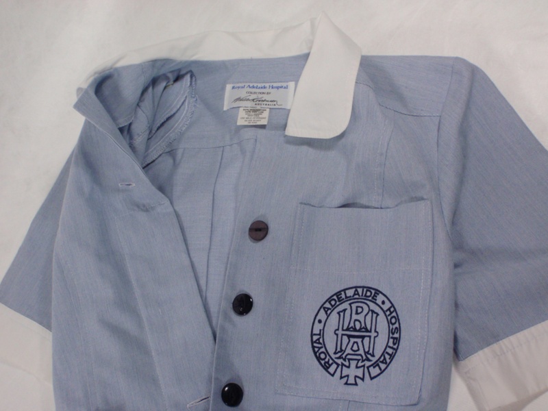 Uniform Registered Nurse uniform, navy and white striped dress; c