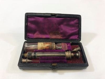 Equipment: Hypodermic Injection Kit with Empty Bottle of Morphine; Ca late 1800s-early 1900s; AR#10738