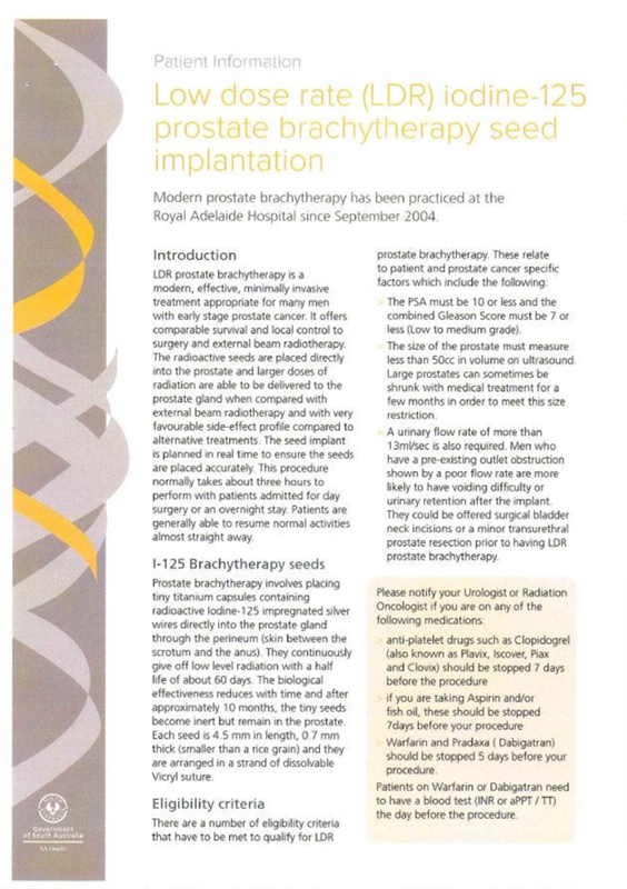 Document Low Dose Rate (LDR) Iodine125 Prostate Brachytherapy Seed Implantatio... eHive Document Low Dose Rate (LDR) Iodine125 Prostate Brachytherapy Seed Implantatio... eHive