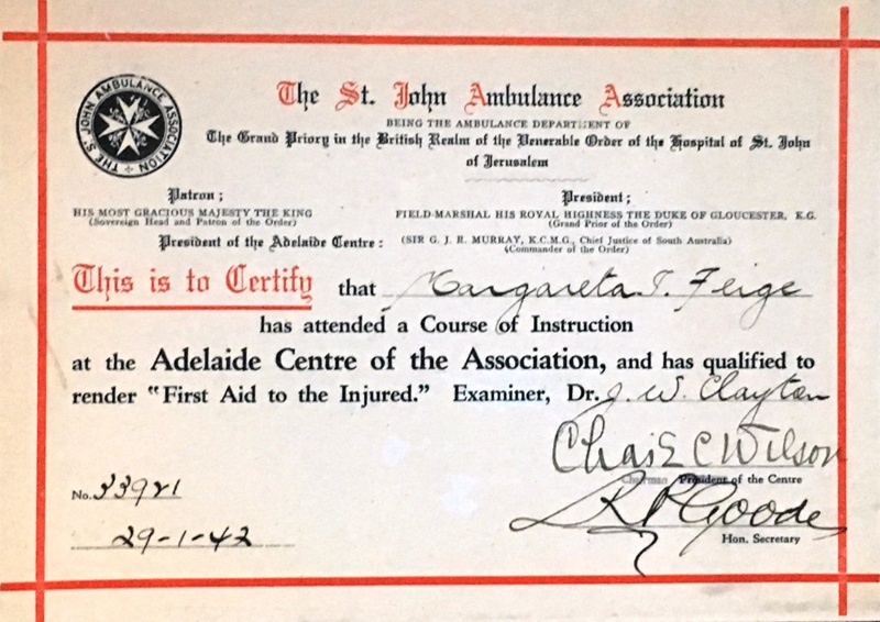 Certificate St John Ambulance Association First Aid Certificate; 1942