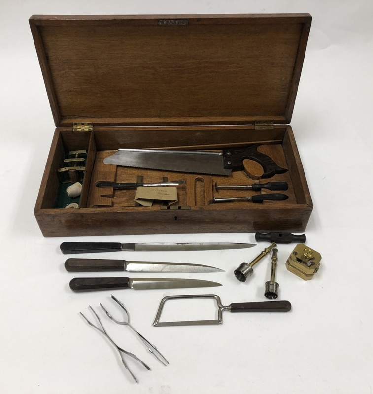 Equipment: Wooden chest containing collection of assorted surgical ...