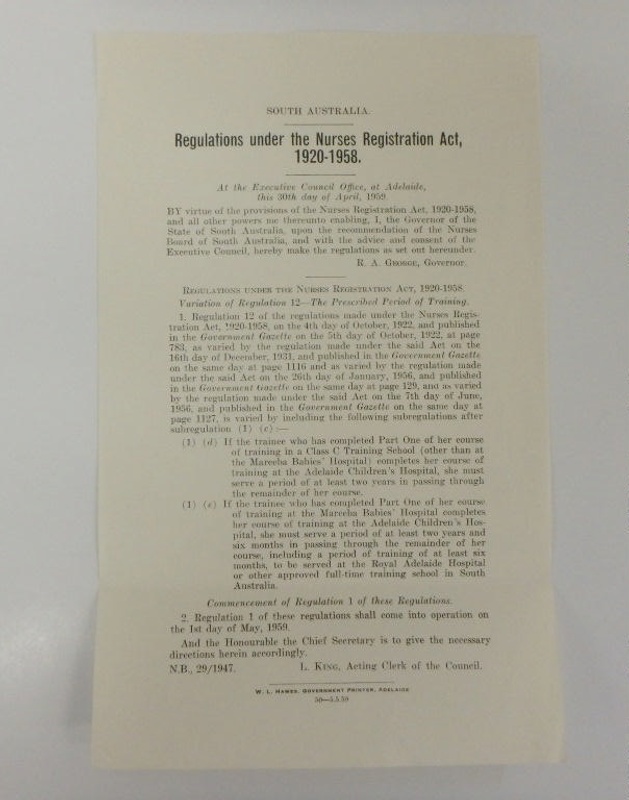 Document Regulations under the Nurses Registration Act, 19201958